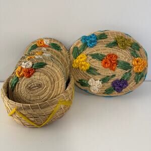 Woven Grass and Raffia Straw Round Drink Coasters with Basket Set of 5